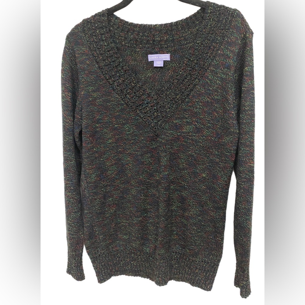 Laura Scott V Neck Sweater Fitted Pullover Size Medium Black & Rainbow Yarn